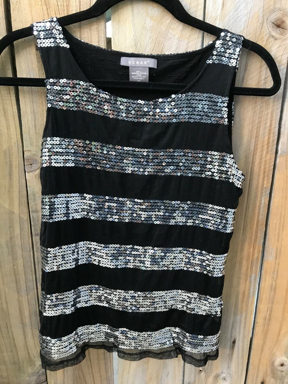 Y2K Kenar Sequin Black/Silver Striped Sleeveless Tank Top Scoop Neck Glam Chic M